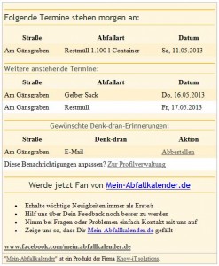 Beispiel für die Email, die Euch an die nächsten Termine erinnert. Wenn Ihr die Email nicht bekommt, dann seht mal in Euren Spam-Ordner.